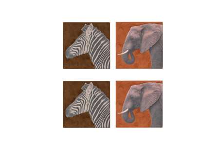 DESSOUS DE VERRE BOIS ZEBRA ELEPHANT SET4 10x10xH.2.5CM