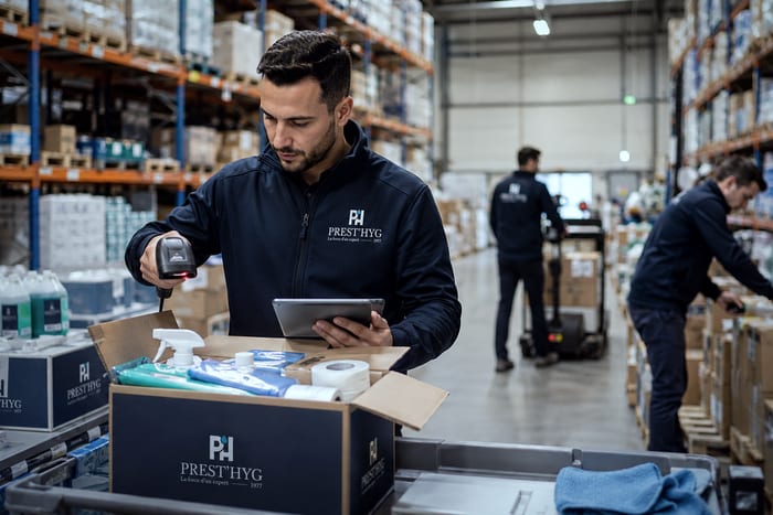 Un préparateur de commandes Prest'Hyg scanne un colis dans l’entrepôt, entre les rayonnages de produits d’hygiène.