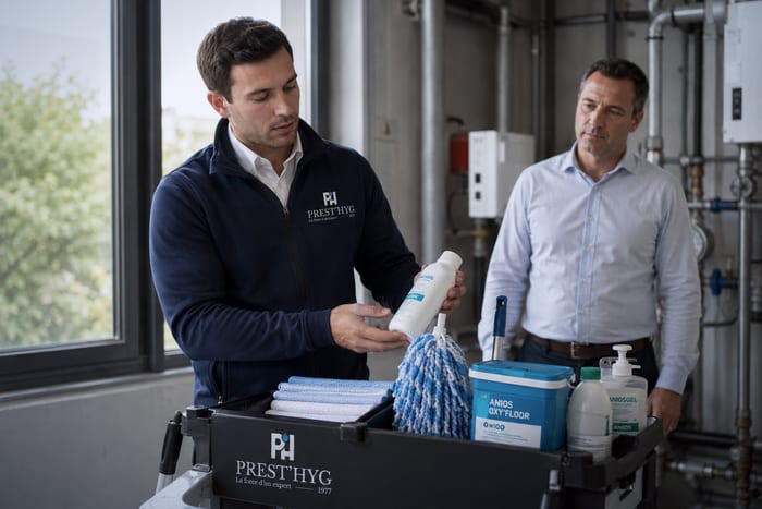 Un commercial Prest'Hyg présente un produit désinfectant à un client, devant un chariot d’entretien aux couleurs de l’entreprise.