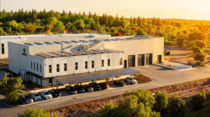 Vue aérienne du nouveau siège de Prest'Hyg à Signes au coucher du soleil, toiture photovoltaïque et ombrières sur le parking.