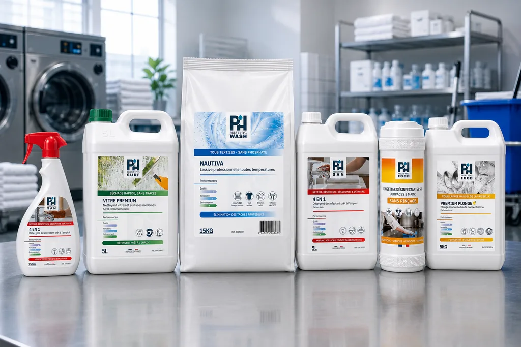 La gamme Prest'Hyg présentée en environnement de buanderie professionnelle.