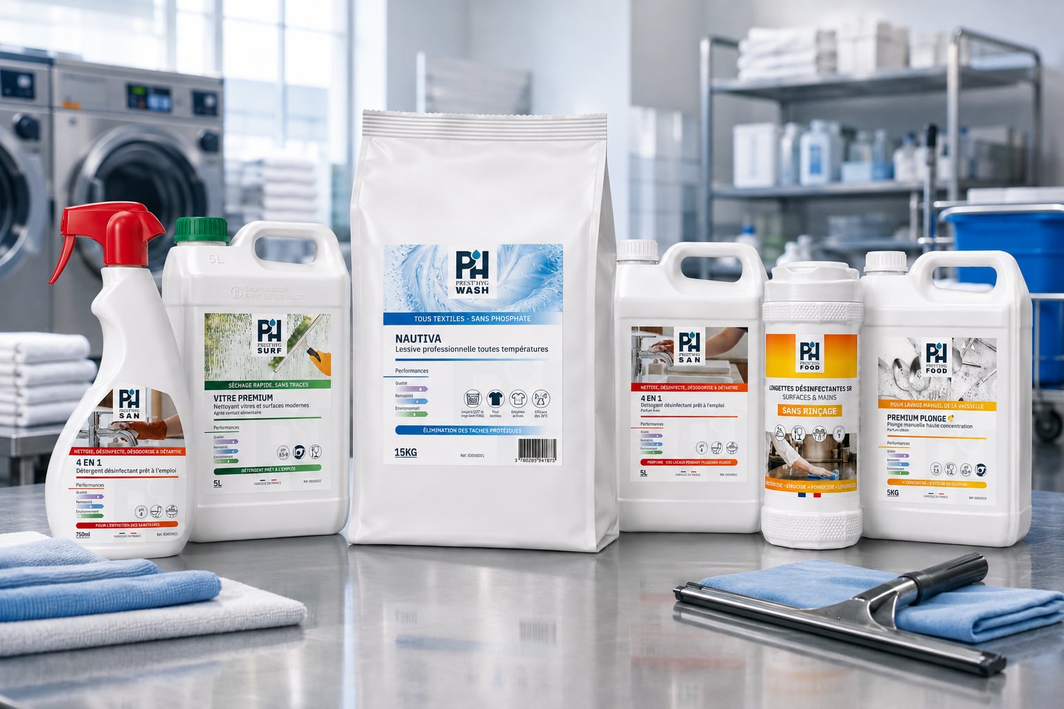 La gamme Prest'Hyg alignée sur un plan de travail inox : pulvérisateur, bidons de 5 L, sac de lessive et boîte de lingettes.