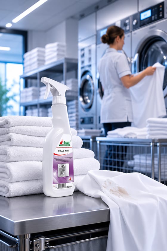 Détachant professionnel posé près de piles de linge blanc dans une buanderie industrielle.