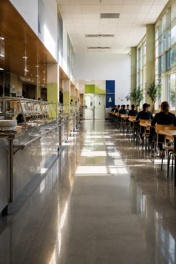 Self-service d’une cantine collective : ligne de distribution inox et tables occupées, sous une grande verrière.