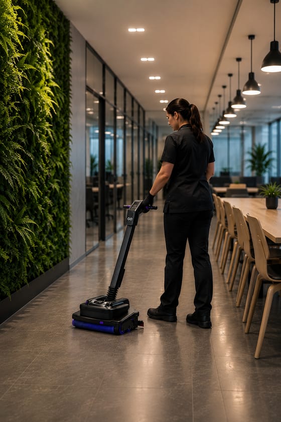 Agent de propreté utilisant une autolaveuse compacte dans les espaces communs d’un immeuble de bureaux.