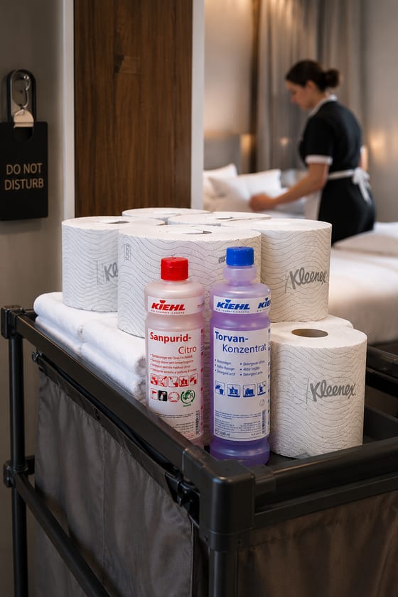 Chariot d’étage garni de produits d’entretien et de linge devant une chambre d’hôtel.