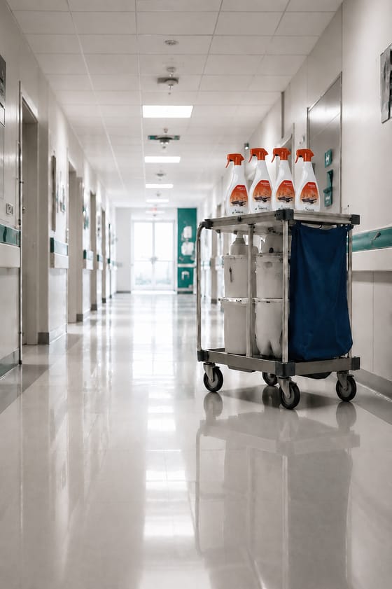 Chariot d’entretien équipé de pulvérisateurs désinfectants dans un couloir d’établissement de santé.