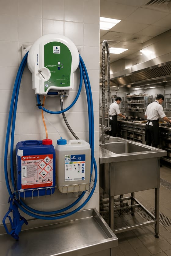 Centrale de dosage murale et bidons de détergents au-dessus d’un bac de plonge en cuisine professionnelle.